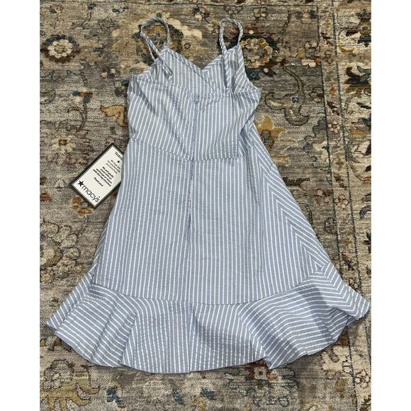 Speechless Mini Dress Blue White Vertical Stripes Spaghetti Straps Ruffled Hem - Picture 2 of 7